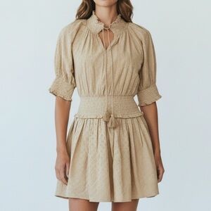 Roller Rabbit Beige Fiorella Smocked Tassel Tie Seersucker Mini Dress Small
